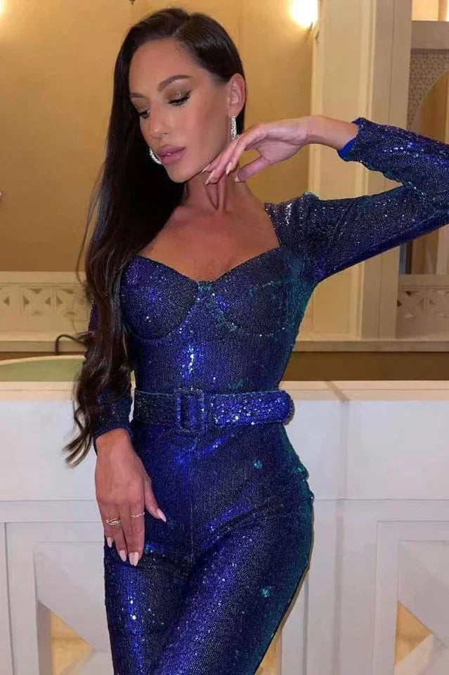 Paljetts Jumpsuit med Korsett Detalj og Flared Bukser