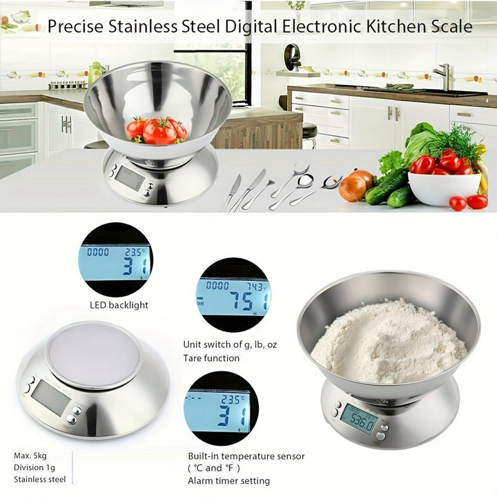 Digital Kjøkkenvekt med Bolle i Rustfritt Stål – Presisjon med Temperatursensor og Timerfunksjon for Matlaging og Baking