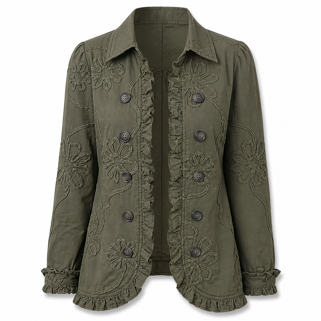 Blomsterbrodert utility-jakke – vintage boho-stil med volangkanter