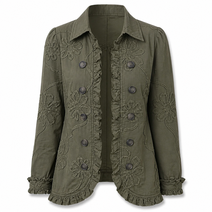 Blomsterbrodert utility-jakke – vintage boho-stil med volangkanter