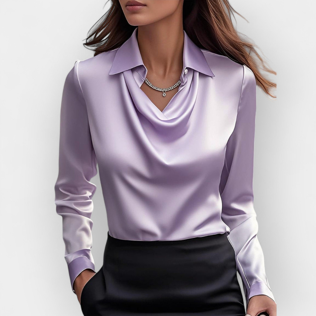 Elegant Satin Bluse med Vannfall-krage