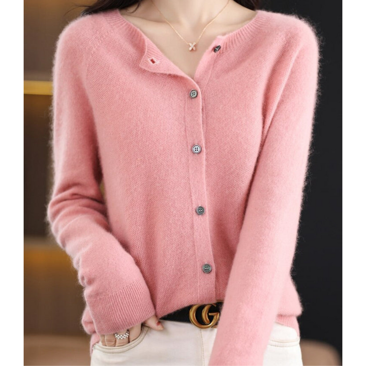 Cardigan til dame i merinould og kashmir – elegant strikket vinterjakke med rund hals