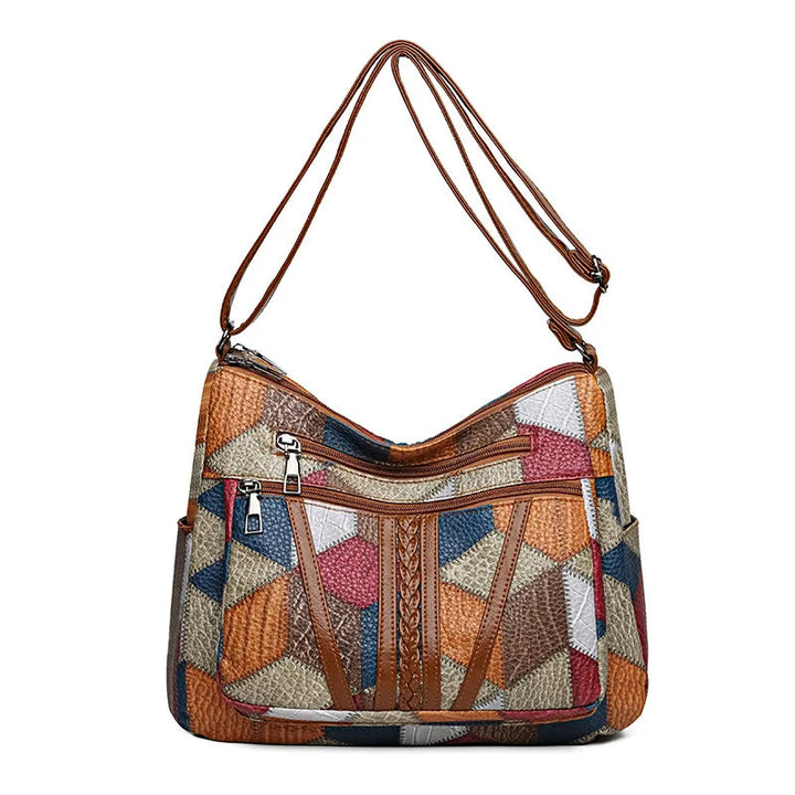 Patchwork-veske til hverdagen med innsatser i kunstskinn.