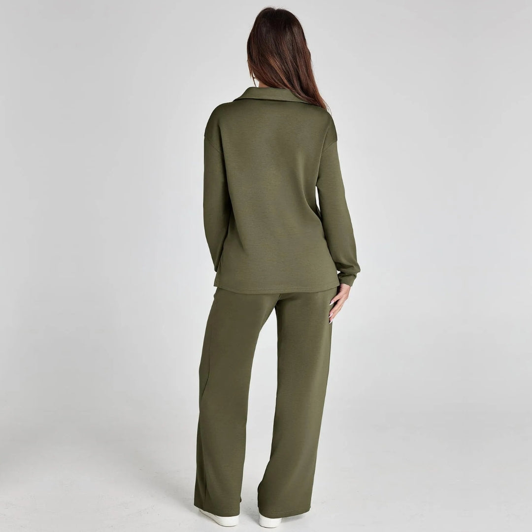 Loungewear-sett til dame med V-hals-genser og vid komfortbukse