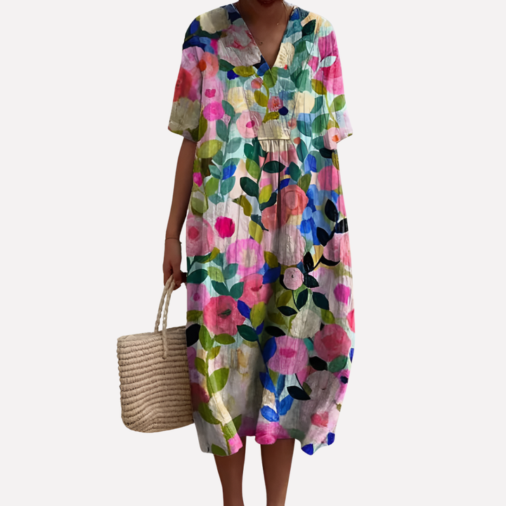 Kvinners Blomstrete Sommerkjole – V-hals &amp; Korte Ermer