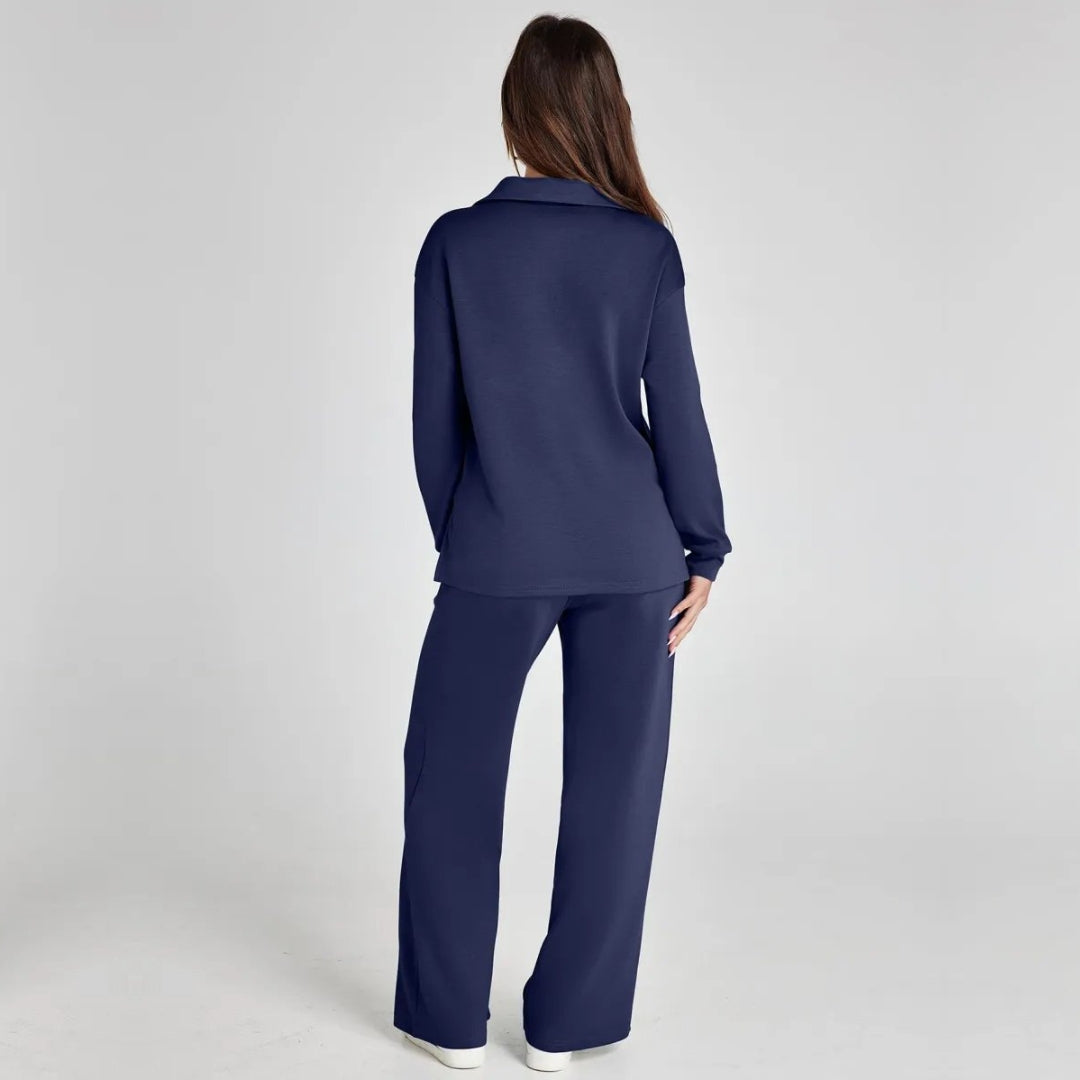 Loungewear-sett til dame med V-hals-genser og vid komfortbukse