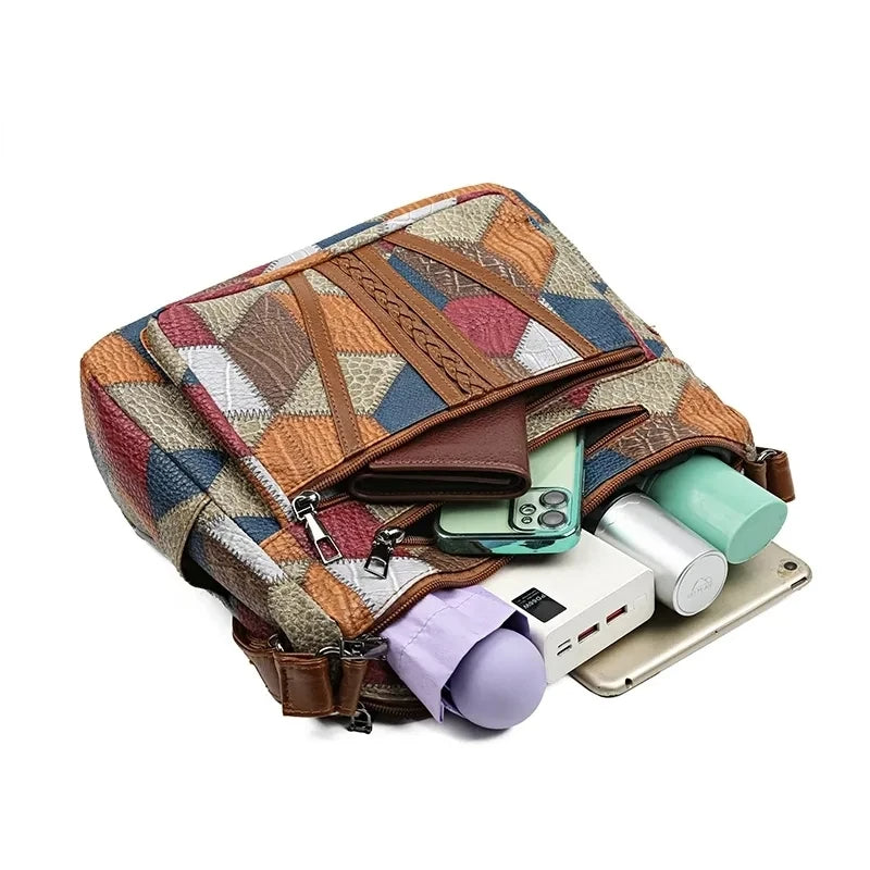 Patchwork-veske til hverdagen med innsatser i kunstskinn.