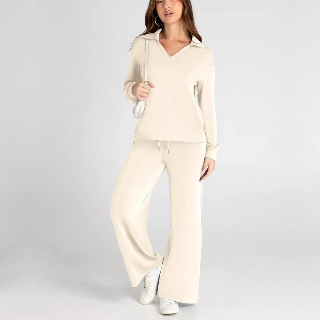 Loungewear-sett til dame med V-hals-genser og vid komfortbukse