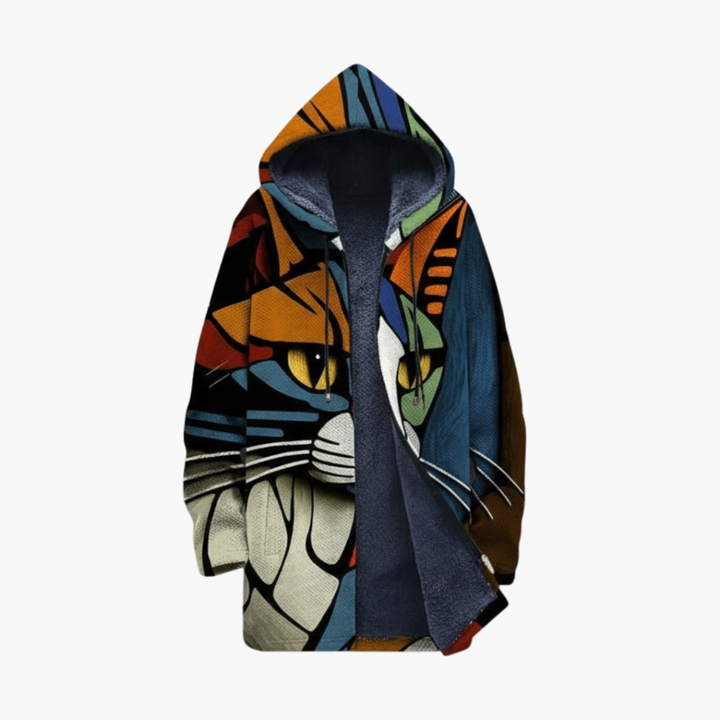 Unisex Hette Zip Cardigan med Katt Print Design