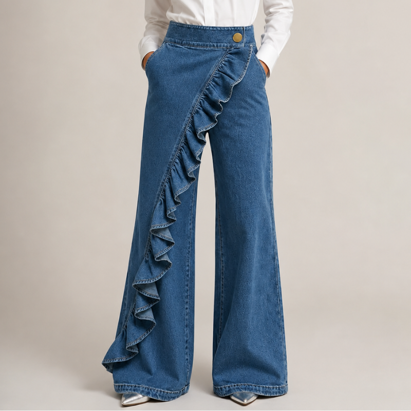 Vide dame-jeans med asymmetrisk volang i culotte-stil.