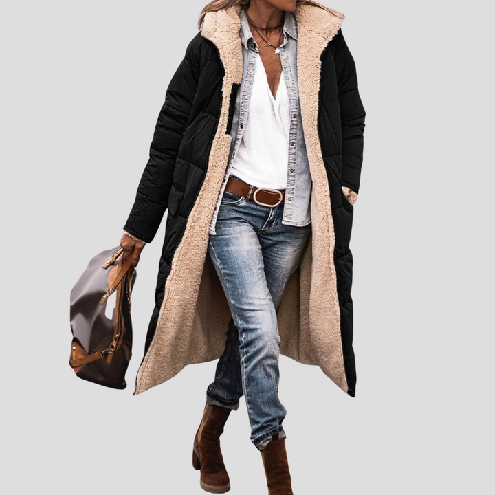 Kvinners Lange Reversible Vinterjakke – Hette med Teddy Fôr