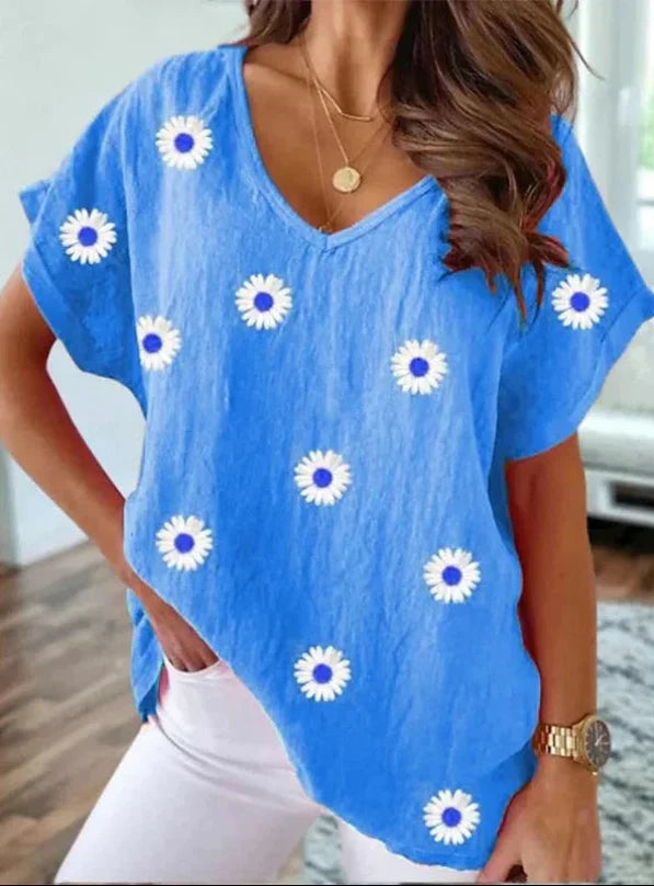 Casual V-Hals T-Skjorte med 3D Blomstertrykk