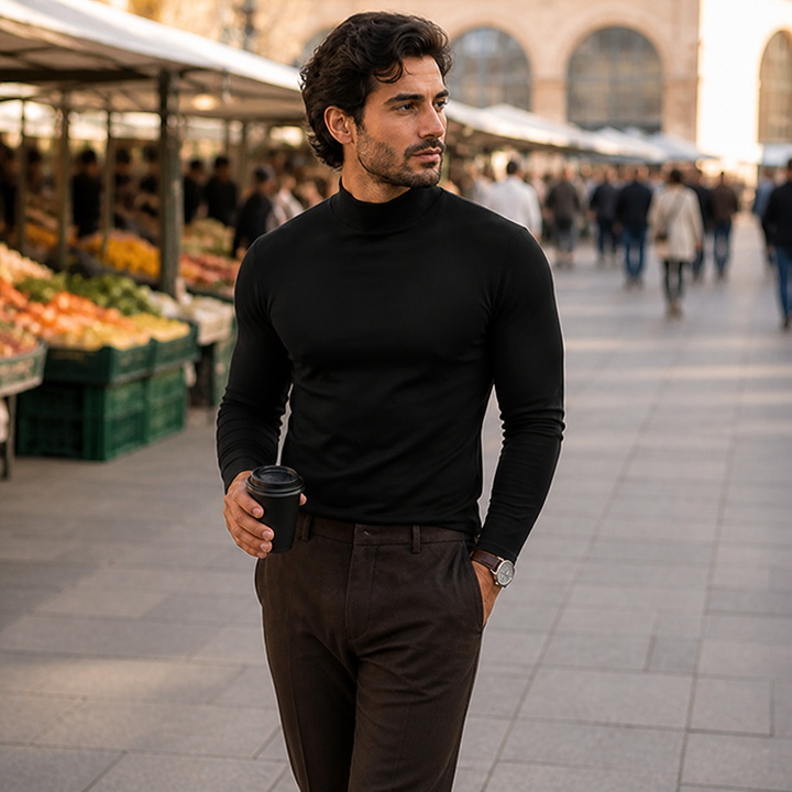Langermet slim fit-genser til herre med høy krage som kan brettes ned
