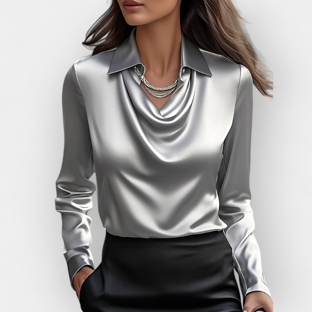Elegant Satin Bluse med Vannfall-krage