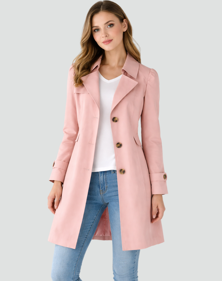 Tilpasset trenchcoat til dame med klassisk jakkeslag, halvlang