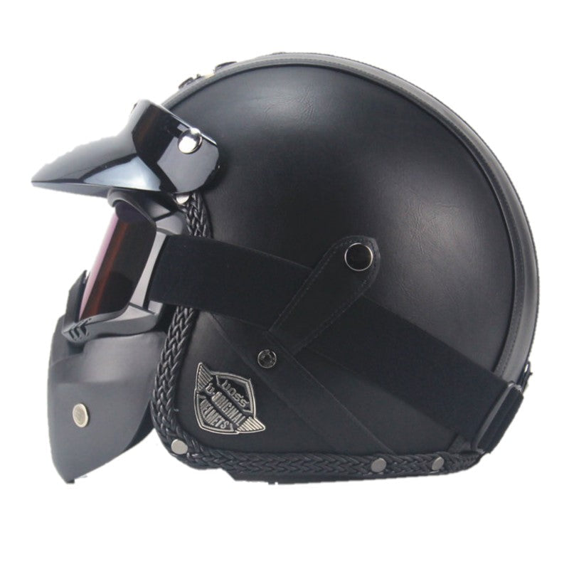 Vintage motorsykkelhjelm i kunstlær med visir og brillemaske