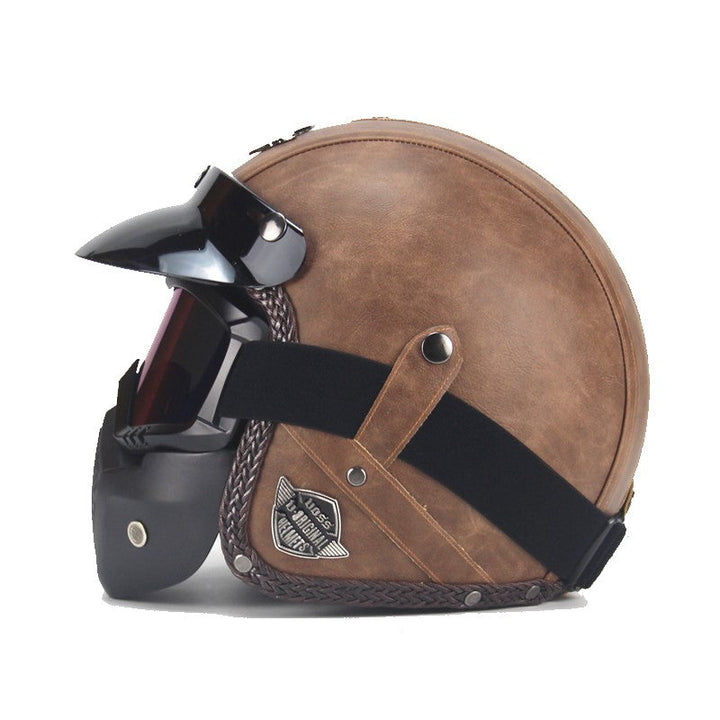 Vintage motorsykkelhjelm i kunstlær med visir og brillemaske