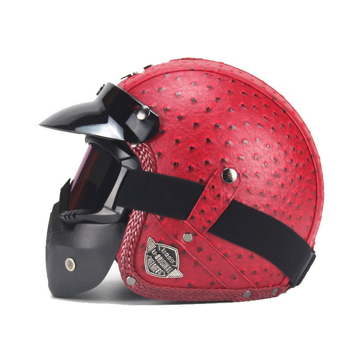 Vintage motorsykkelhjelm i kunstlær med visir og brillemaske