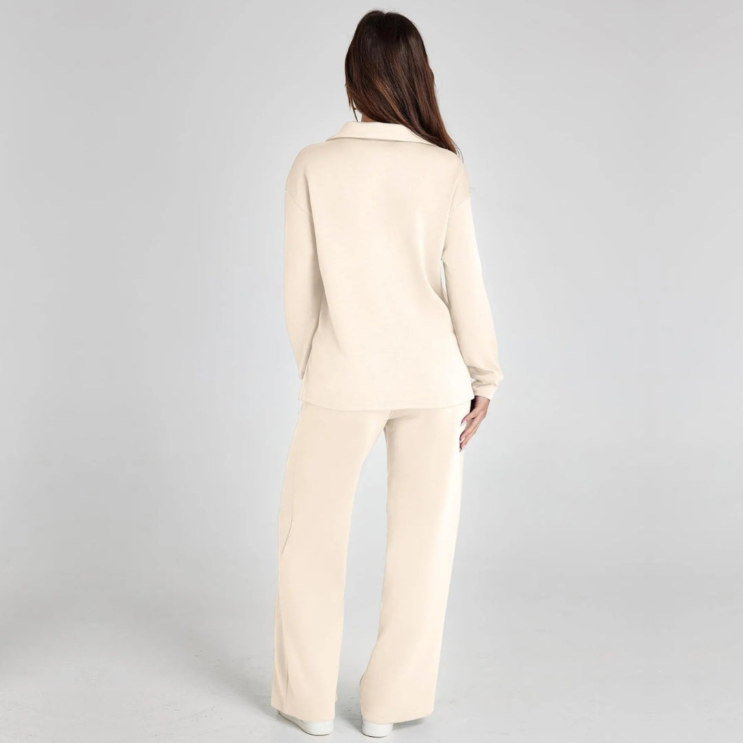 Loungewear-sett til dame med V-hals-genser og vid komfortbukse