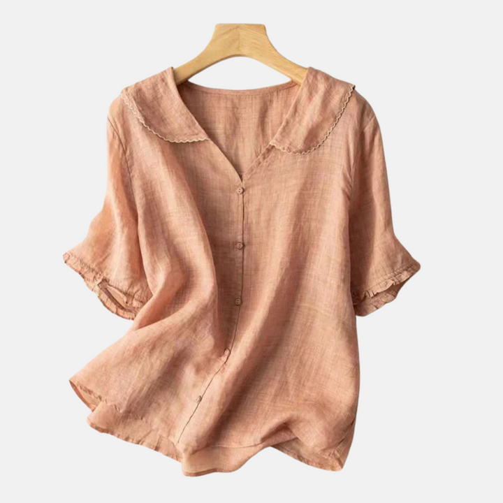 Kvinners Bomull Lin Retro Skjorte med Dukke Krage
