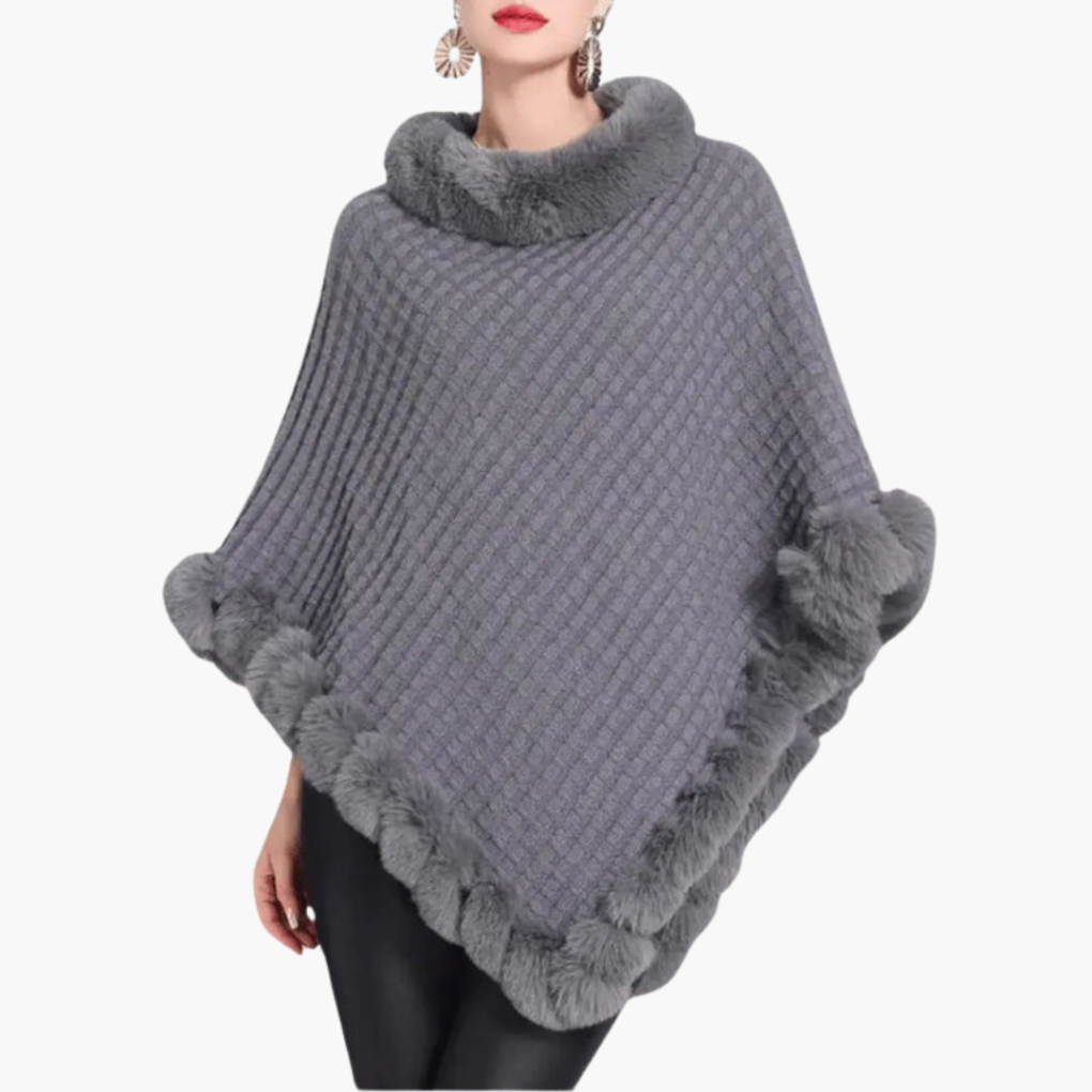 Kvinners Strikket Poncho med Faux Fur Kant og Oversized Passform