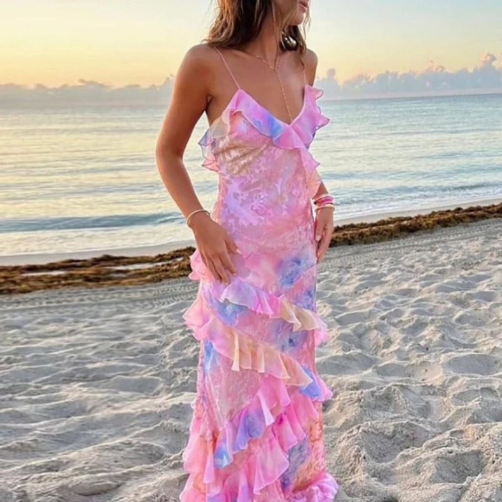 Fargerik Boho Maxi Kjole med Ruffles og V-Hals