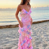 Fargerik Boho Maxi Kjole med Ruffles og V-Hals