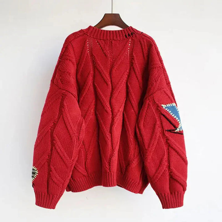 Strikket V-Hals Kvinners Cardigan med Lappeteknikk Broderi