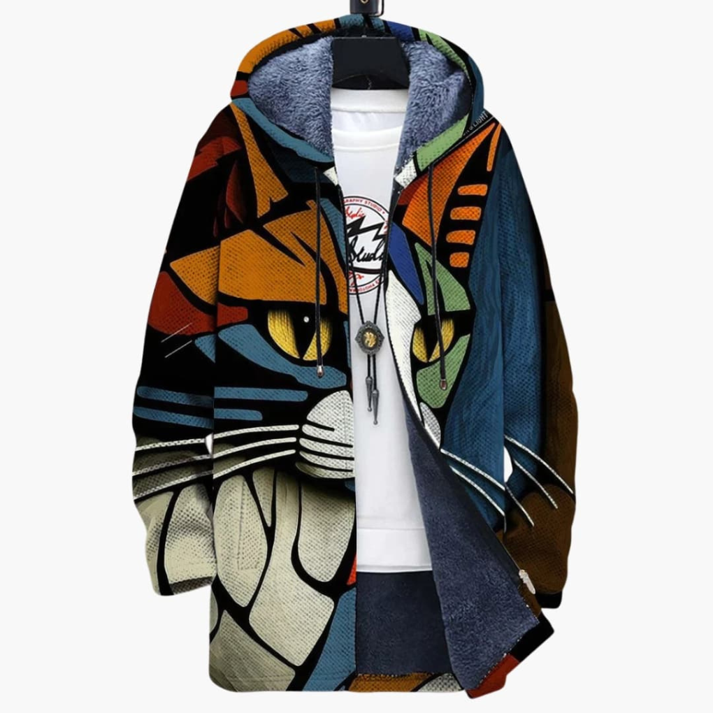 Unisex Hette Zip Cardigan med Katt Print Design