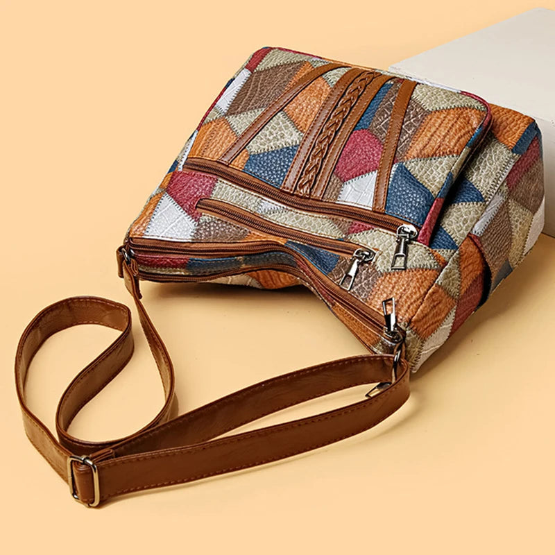 Patchwork-veske til hverdagen med innsatser i kunstskinn.