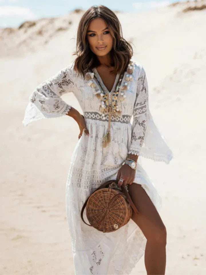 Bohemsk Maxikjole med Lace og Elegante Utvidede Ermer