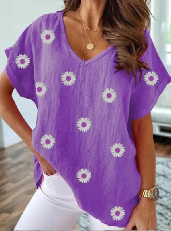 Casual V-Hals T-Skjorte med 3D Blomstertrykk