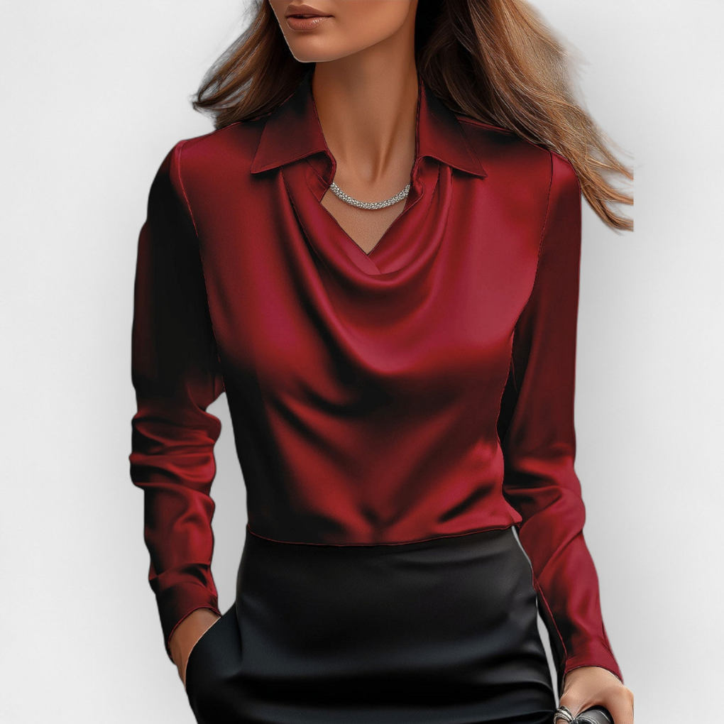 Elegant Satin Bluse med Vannfall-krage
