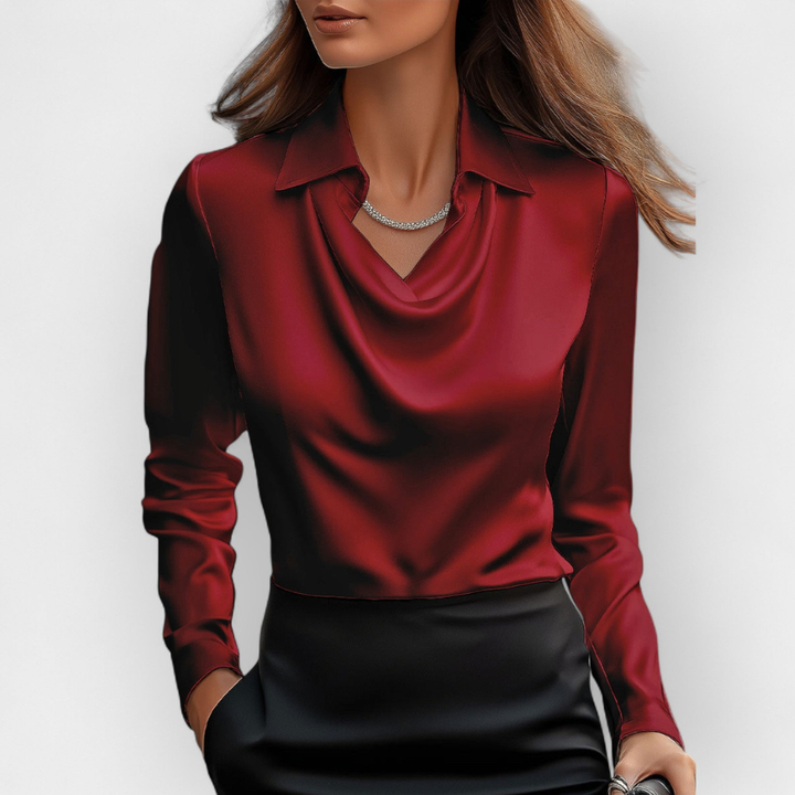 Elegant Satin Bluse med Vannfall-krage