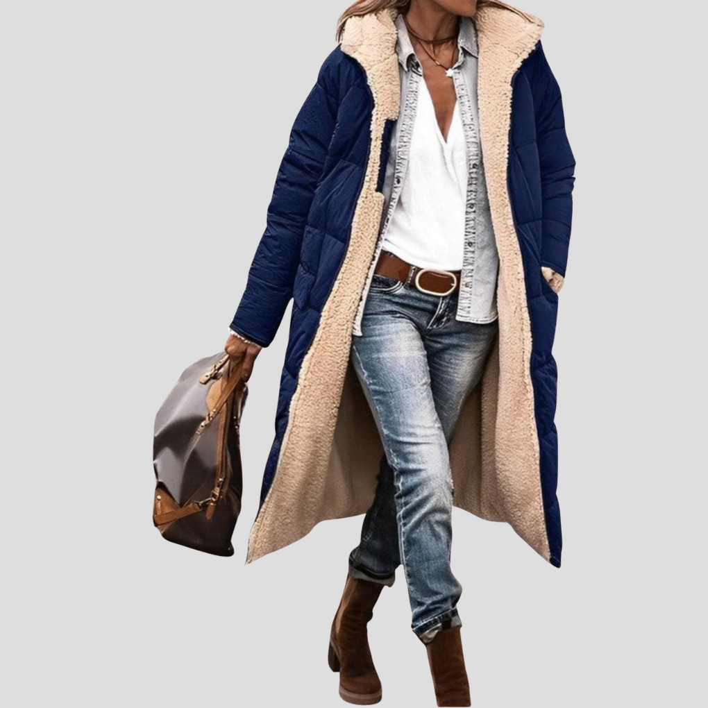 Kvinners Lange Reversible Vinterjakke – Hette med Teddy Fôr