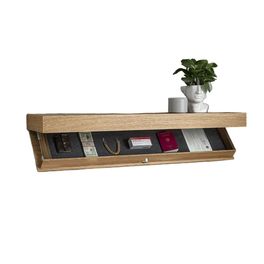 Vegghylle i massivt tre med skjult rom | minimalistisk design