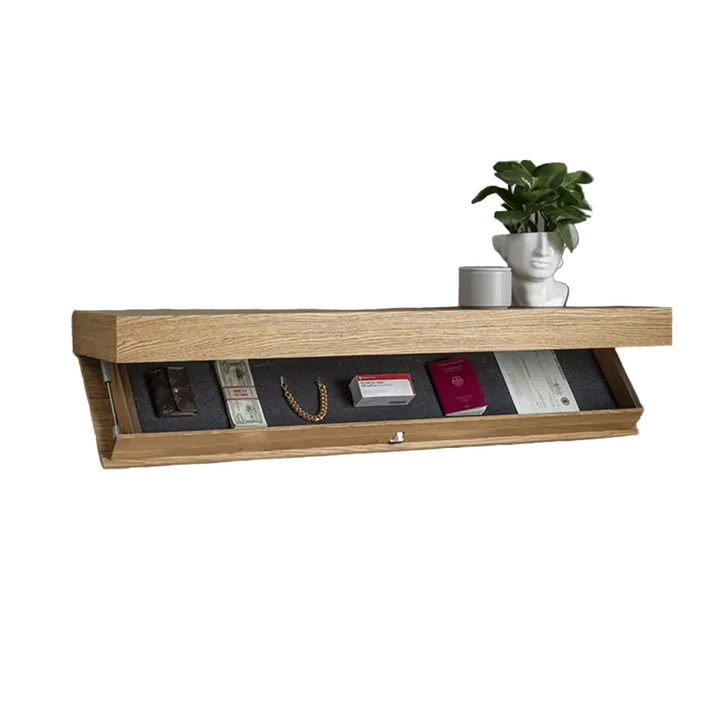Vegghylle i massivt tre med skjult rom | minimalistisk design