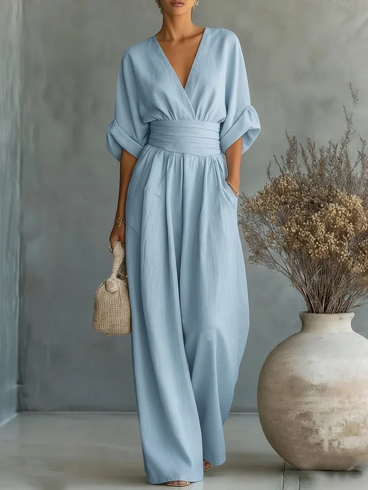 Elegant jumpsuit for damer med V-utringning og vide bukseben i høy midje