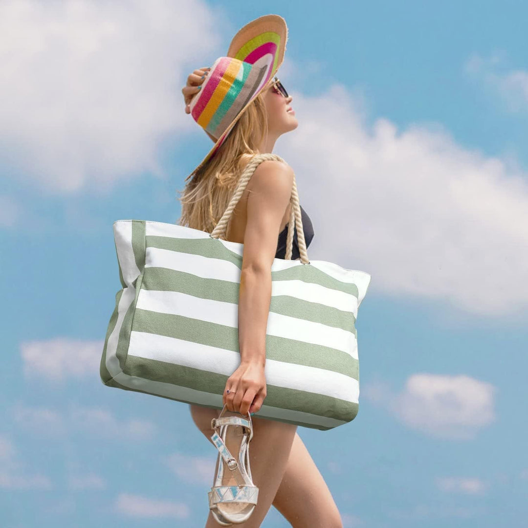 Stripete strandveske med stor kapasitet – Slitesterk polyester med glidelås