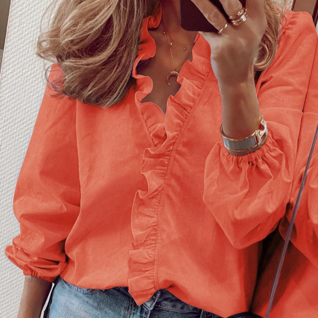 Teal Ruffle Trim Bluse med Puffermansjetter