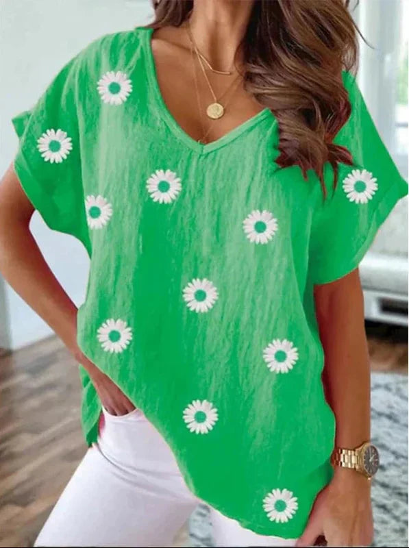Casual V-Hals T-Skjorte med 3D Blomstertrykk