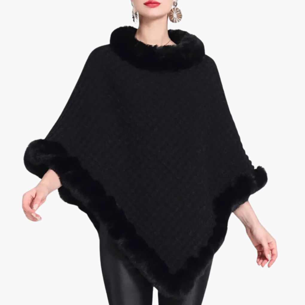 Kvinners Strikket Poncho med Faux Fur Kant og Oversized Passform