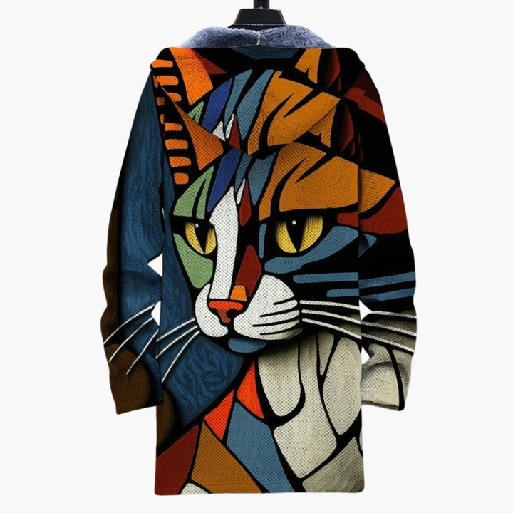 Unisex Hette Zip Cardigan med Katt Print Design