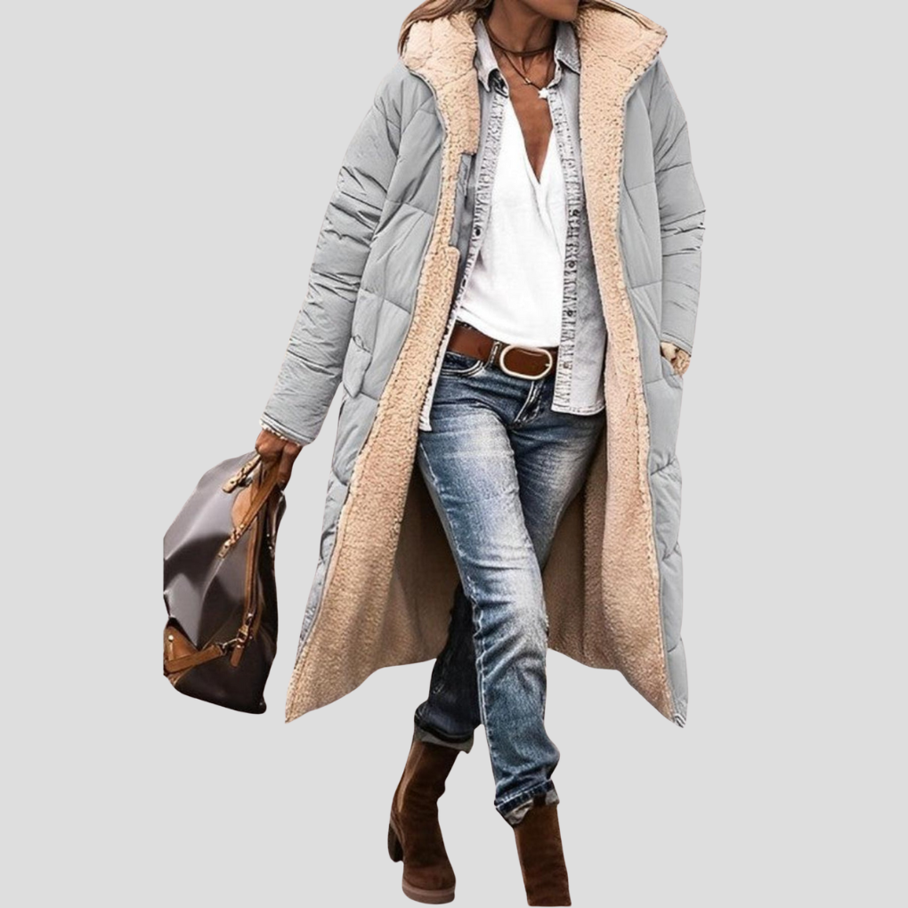 Kvinners Lange Reversible Vinterjakke – Hette med Teddy Fôr
