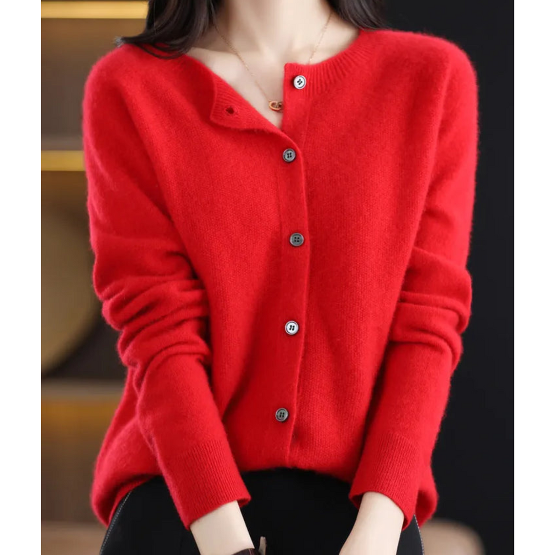 Cardigan til dame i merinould og kashmir – elegant strikket vinterjakke med rund hals