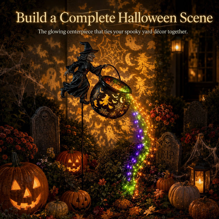 Halloween heksekjele-hagelampe med fargerikt lys og skumle projeksjoner