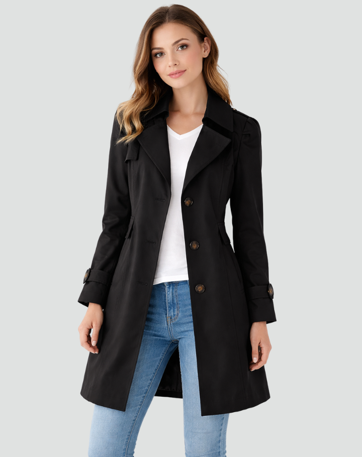 Tilpasset trenchcoat til dame med klassisk jakkeslag, halvlang
