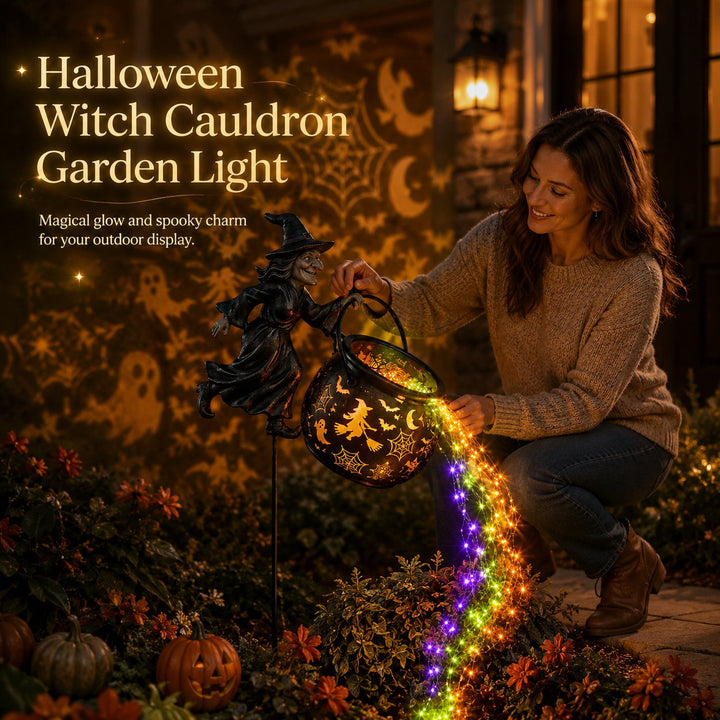 Halloween heksekjele-hagelampe med fargerikt lys og skumle projeksjoner