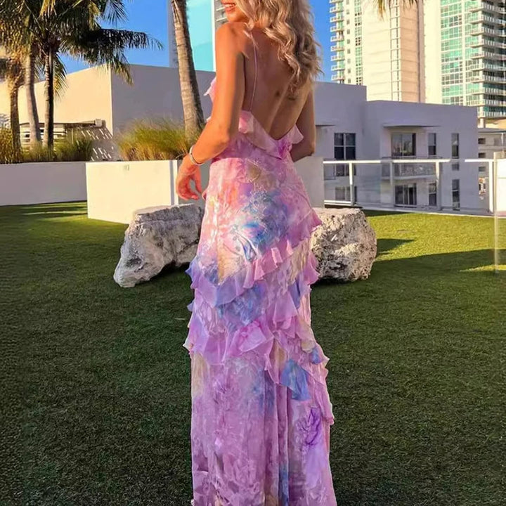 Fargerik Boho Maxi Kjole med Ruffles og V-Hals