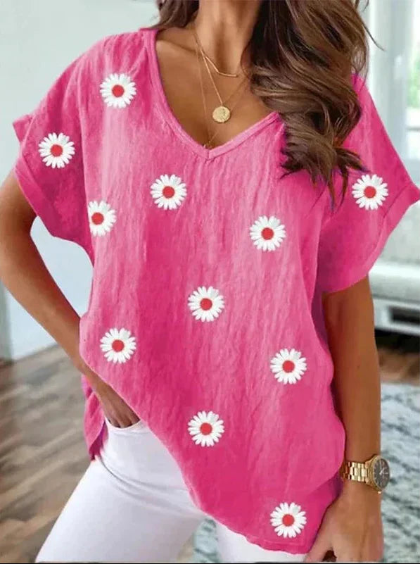 Casual V-Hals T-Skjorte med 3D Blomstertrykk